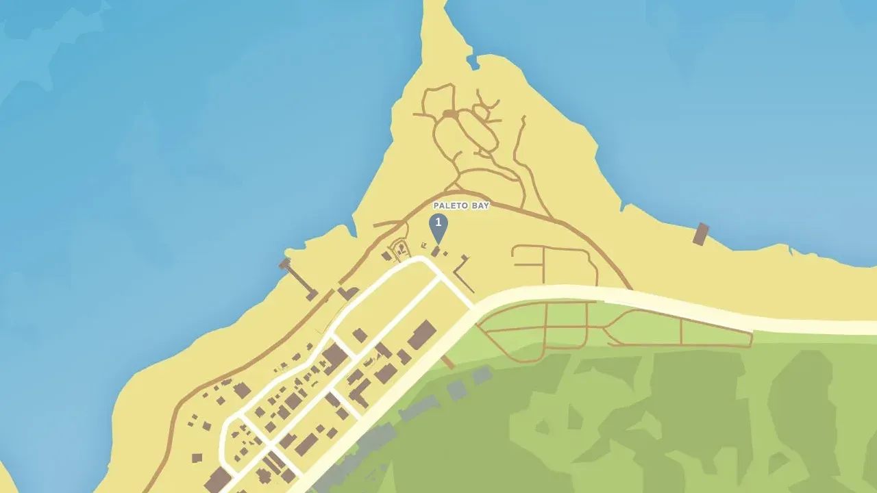 GTA Online map of Paleto Bay with the numbered pin for ghost 1, zoomed out