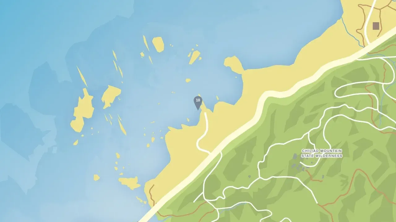 GTA Online map of Paleto Cove with the numbered pin for ghost 10, zoomed out