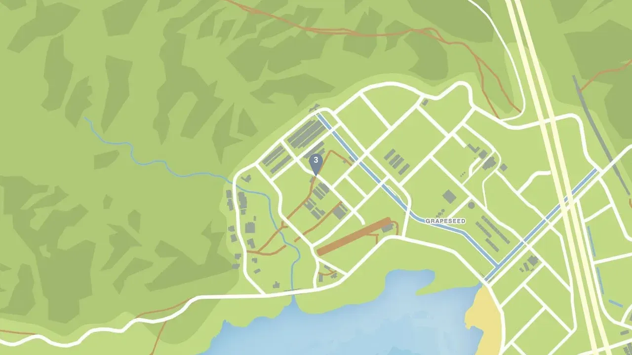 GTA Online map of Grapeseed with the numbered pin for ghost 3, zoomed out