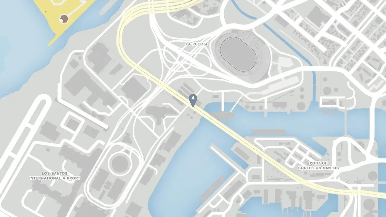 GTA Online map of Los Santos International Airport with the numbered pin for ghost 4, zoomed out