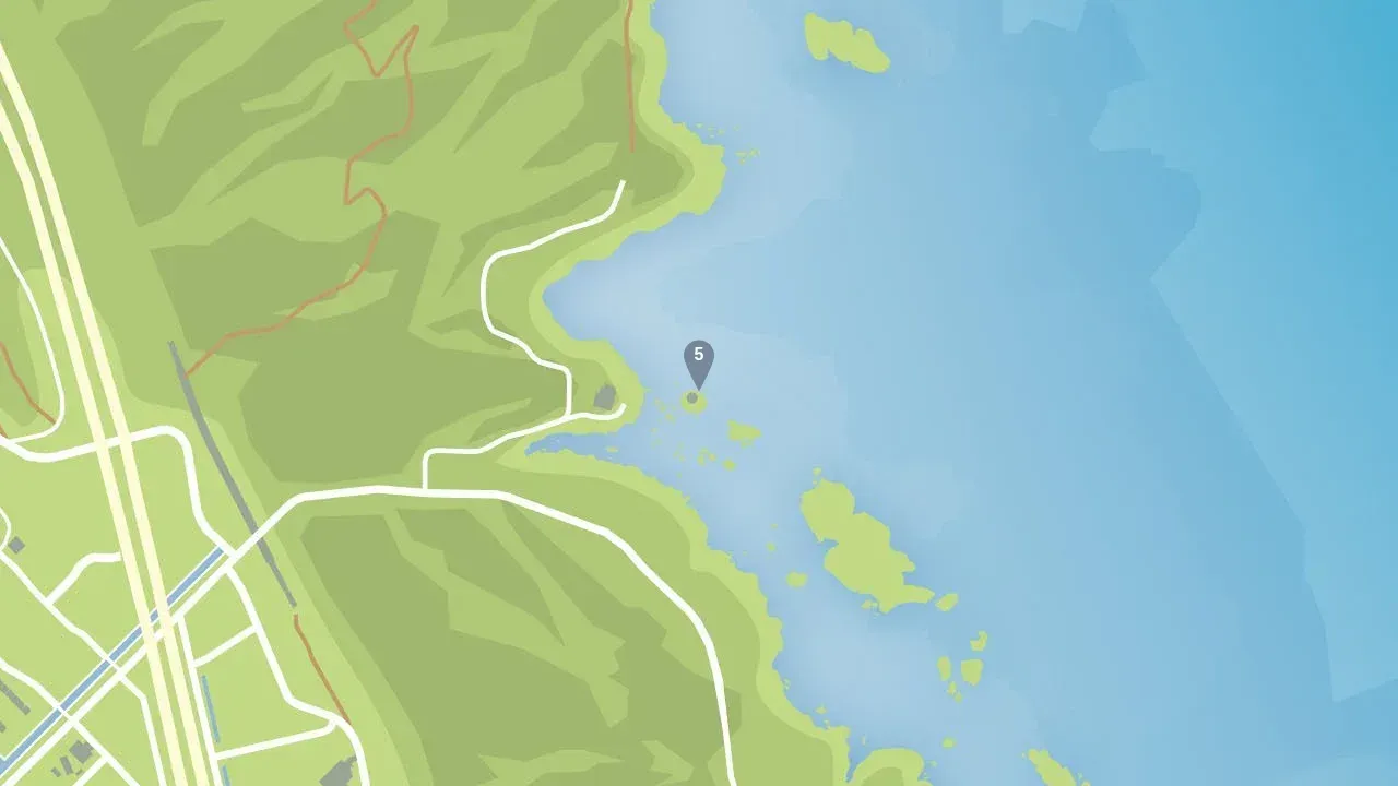 GTA Online map of the El Gordo Lighthouse area with the numbered pin for ghost 5, zoomed out