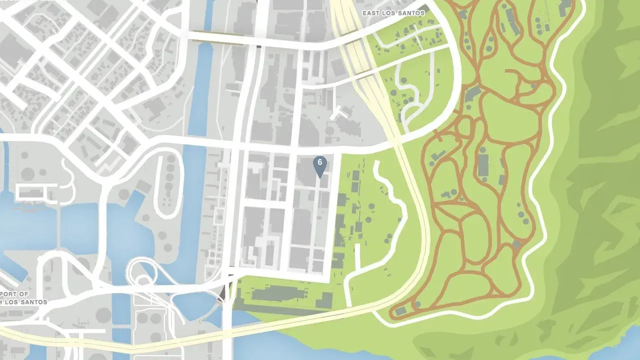 GTA Online map of Cypress Flats with the numbered pin for ghost 6, zoomed out