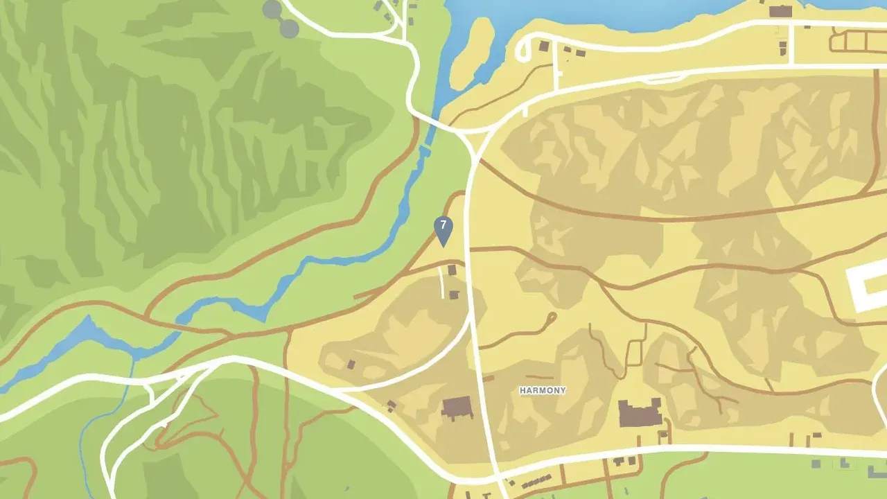 GTA Online map of the Zancudo River area with the numbered pin for ghost 7, zoomed out