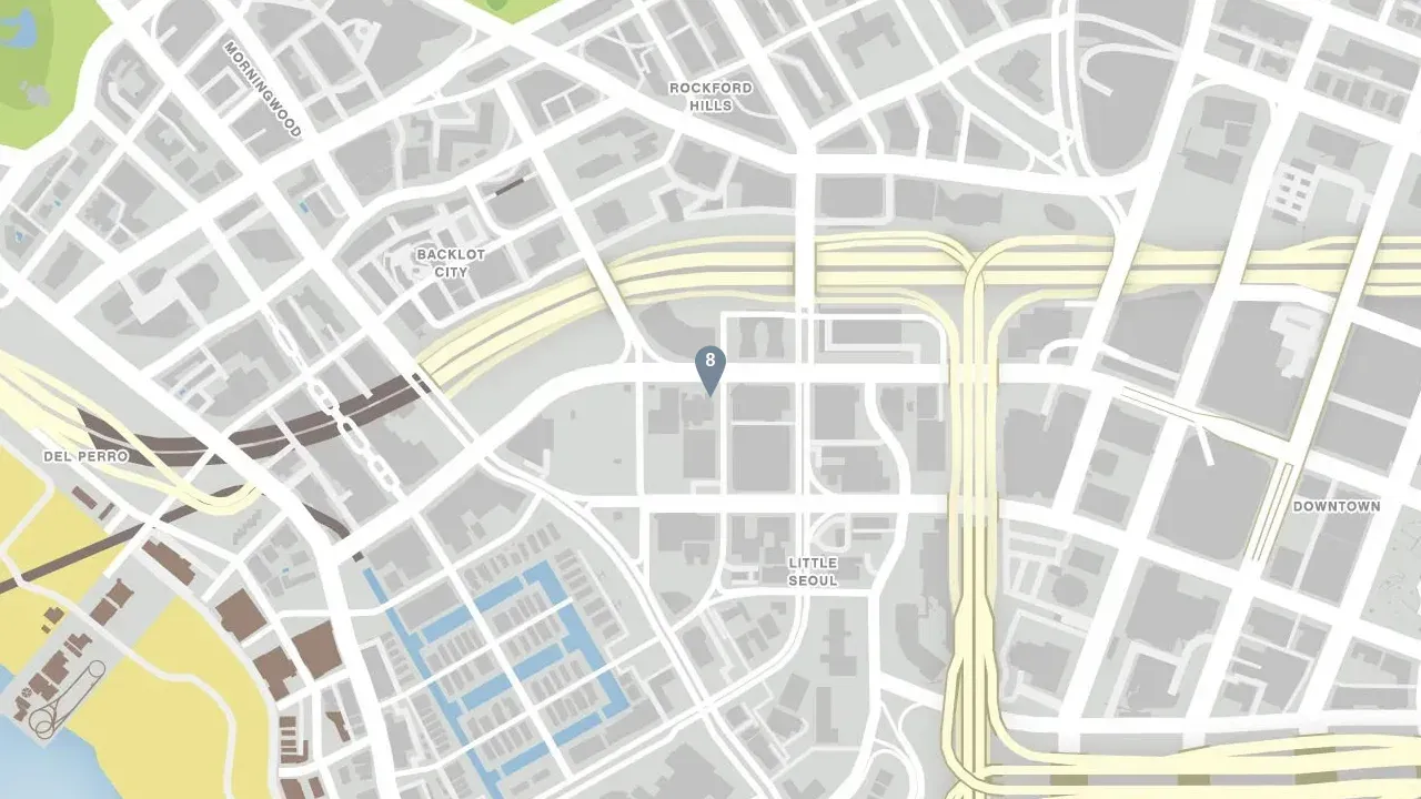 GTA Online map of Little Seoul with the numbered pin for ghost 8, zoomed out