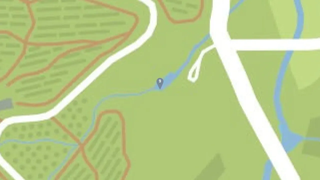 Close-up GTA Online map view of the ghost 9 pin at the Tongva Hills waterfall