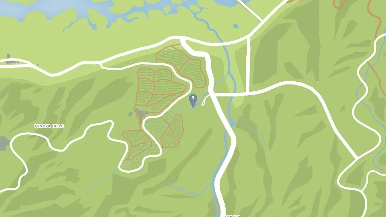 GTA Online map of Tongva Hills with the numbered pin for ghost 9, zoomed out