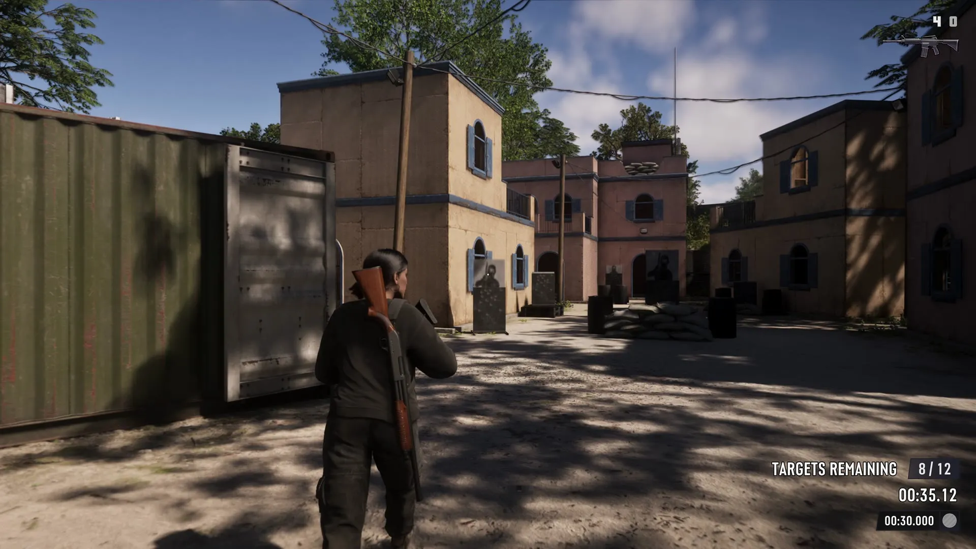 Lucia carrying a shotgun at an outdoor shooting range in GTA 6 An Extended Look, with the on-screen counter reading Targets Remaining 8/12 and a timer in the bottom-right corner. Still from Rockstar Games' official video.