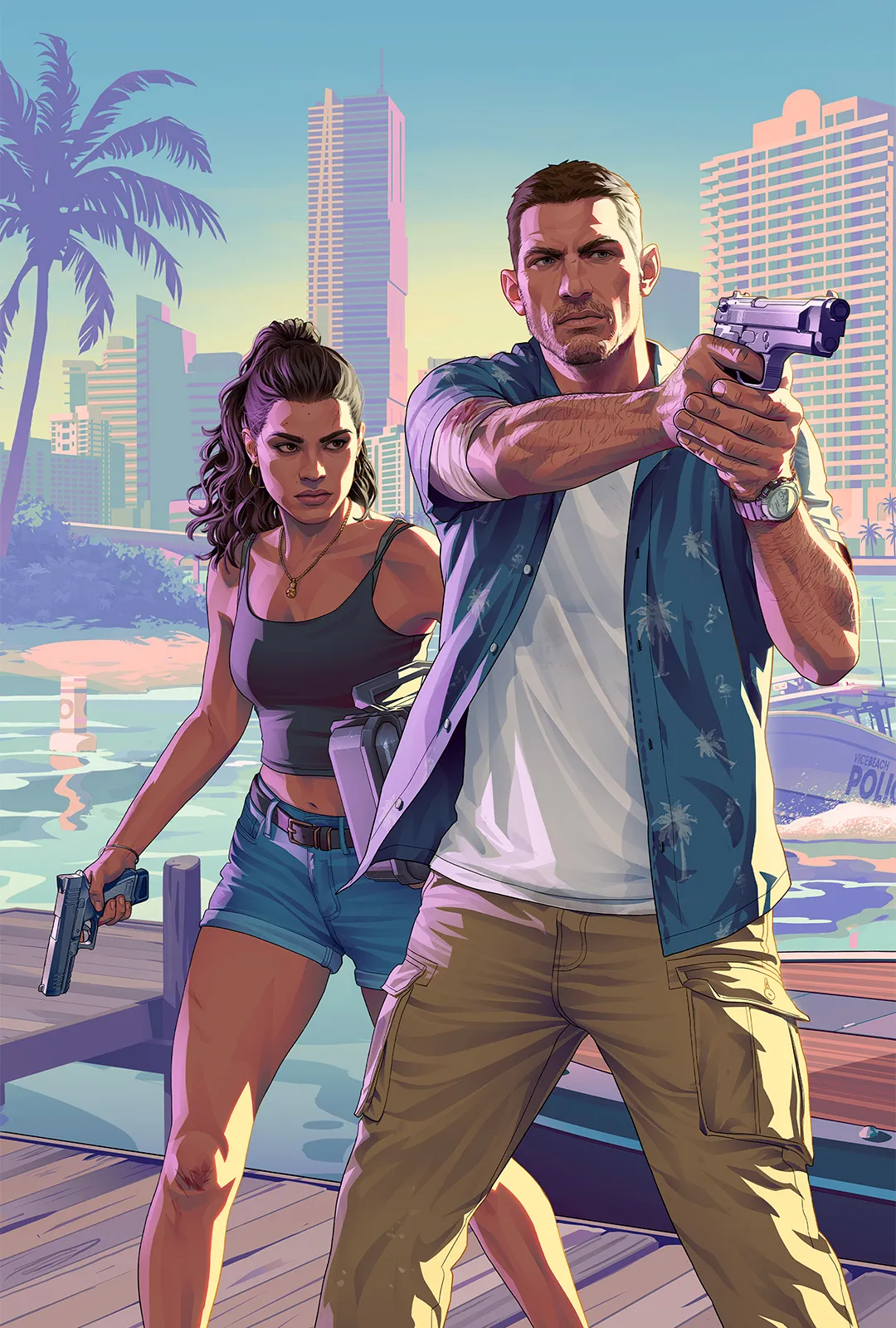 Jason in a blue palm-print shirt aiming a pistol, with Lucia behind him holding a pistol and a metal case, on a wooden dock with Vice City towers and a Vice Beach Police boat behind them in GTA 6. Official Rockstar Games artwork.