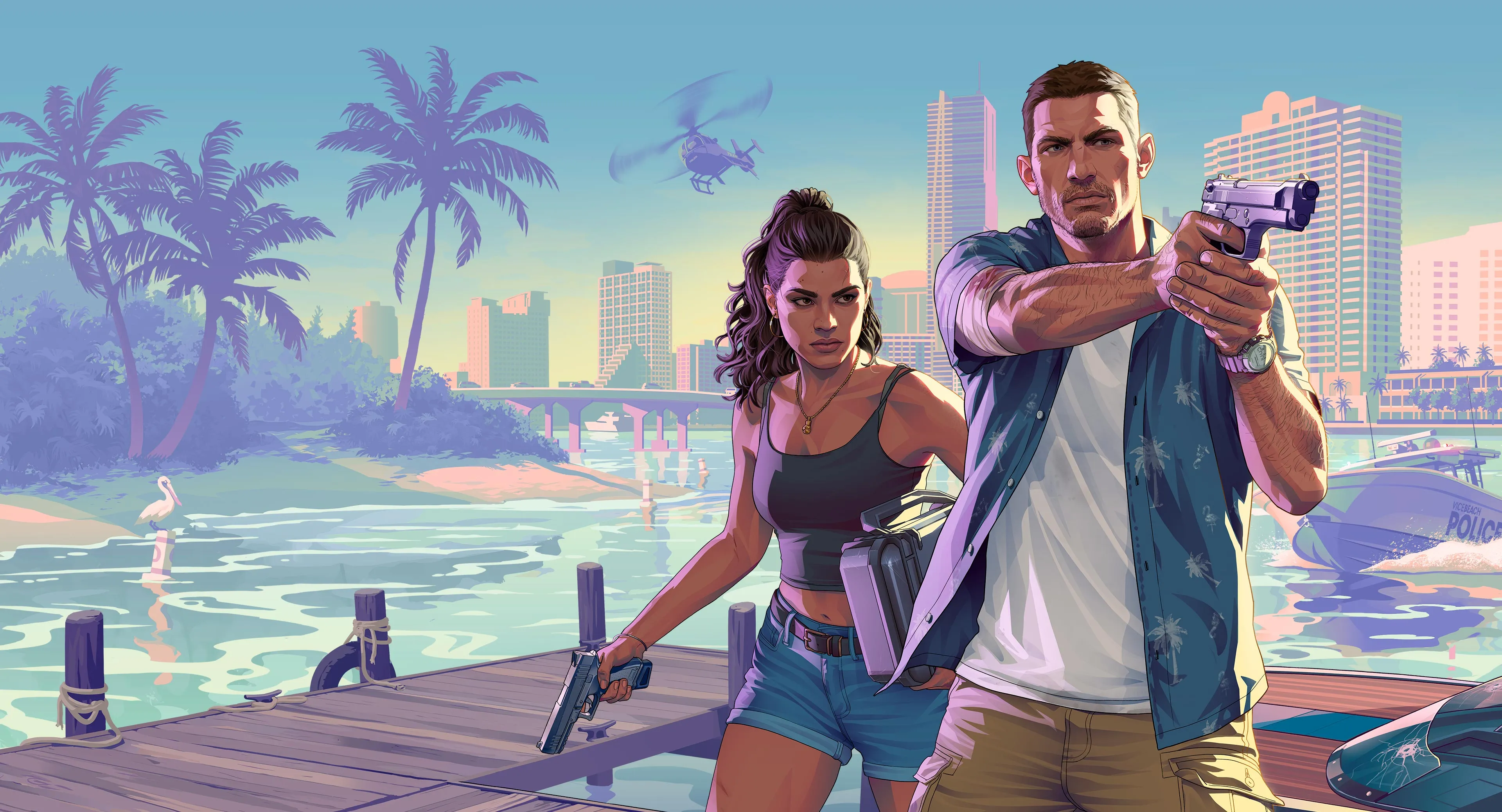 Official GTA 6 key art of Jason and Lucia on a Vice City dock, Jason aiming a pistol with a police boat and palm trees behind them. Official Rockstar Games artwork.