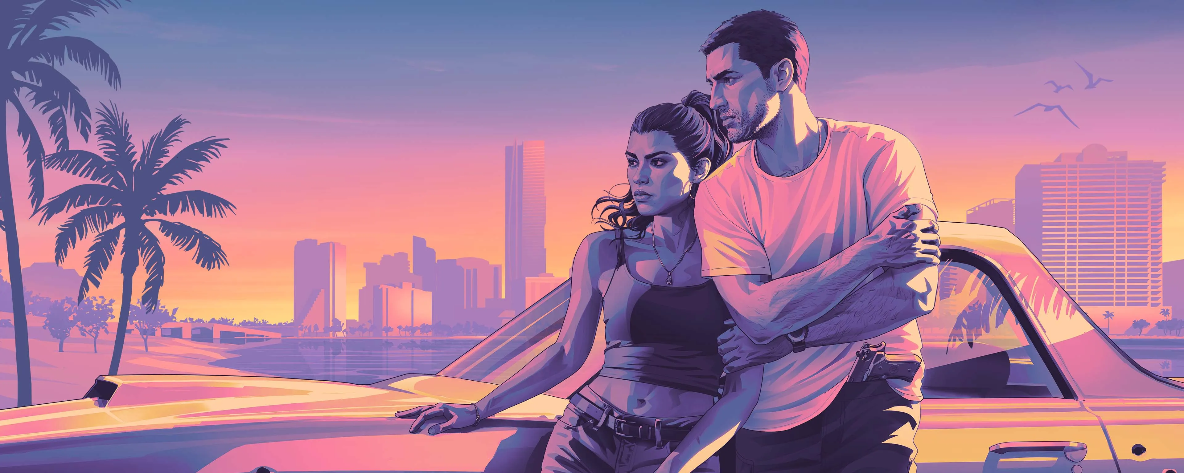 Jason with his arm around Lucia as they lean on a yellow car, with palm trees on the left and the Vice City skyline across the water at a pink sunset in GTA 6. Official Rockstar Games artwork.