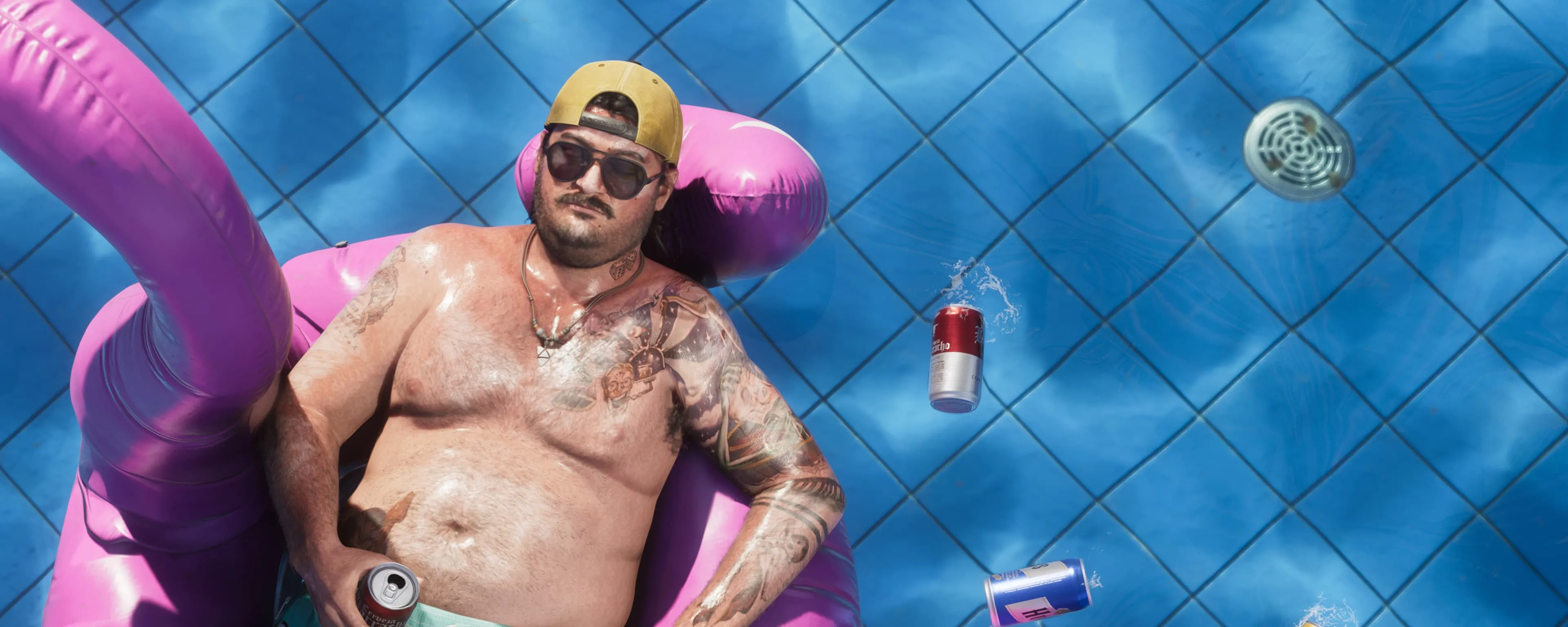 A sunbather relaxing on a pink pool float under the Leonida sun in GTA 6. Official Rockstar Games screenshot.