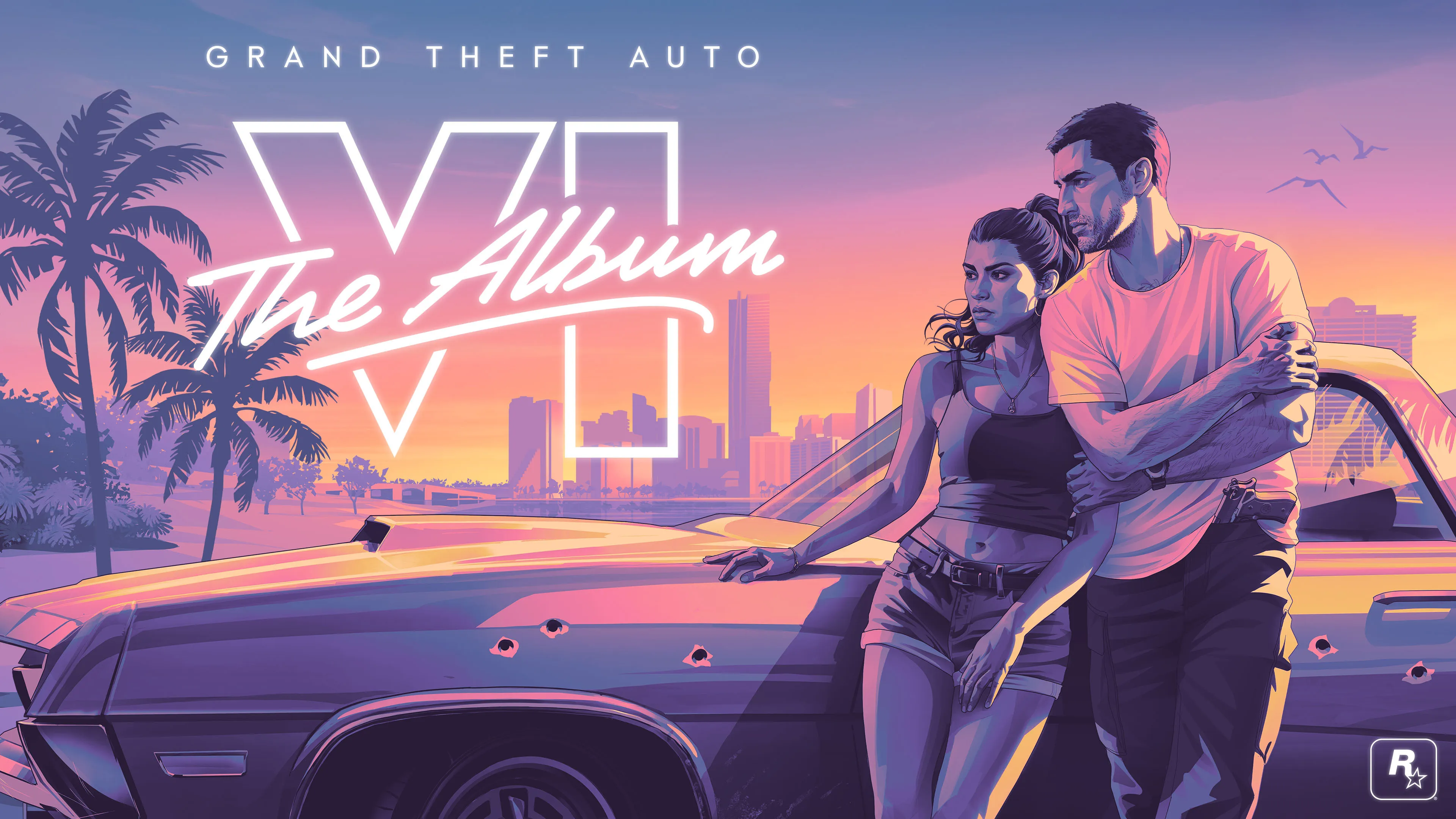 Illustrated key art of Jason and Lucia leaning on a bullet-holed car in front of palm trees and the Vice City skyline at a pink and purple sunset, with a neon "Grand Theft Auto VI The Album" logo. Official Rockstar Games artwork.