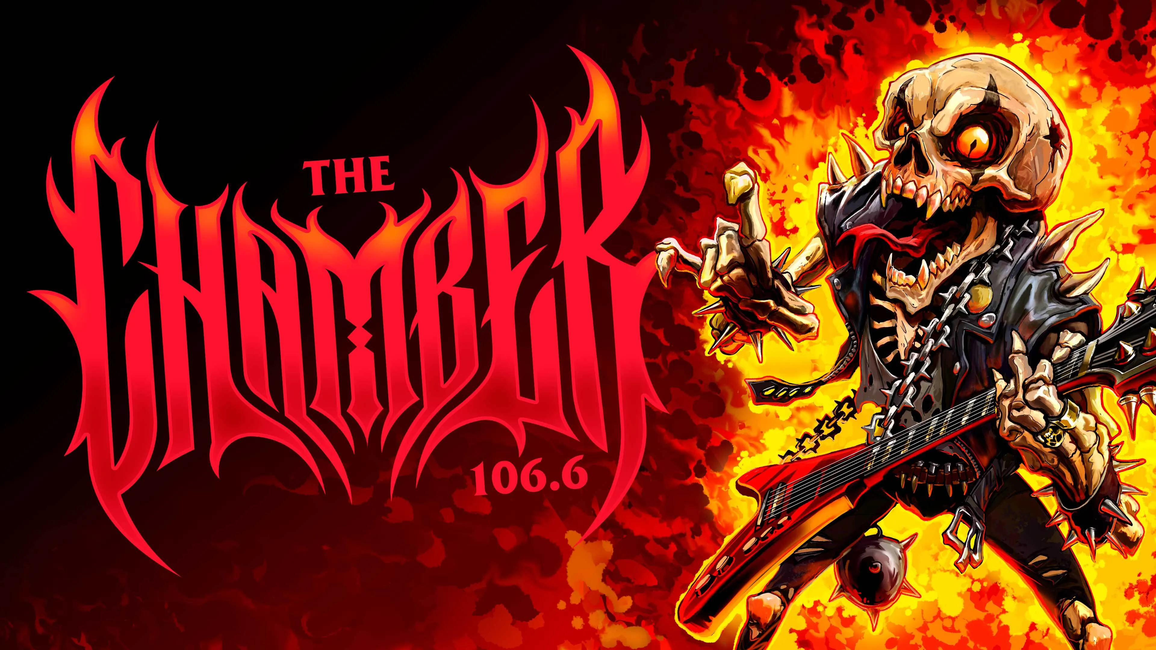 The Chamber 106.6 logo in red metal-style lettering beside a cartoon spiked skeleton playing a red guitar in flames. Official Rockstar Games artwork.