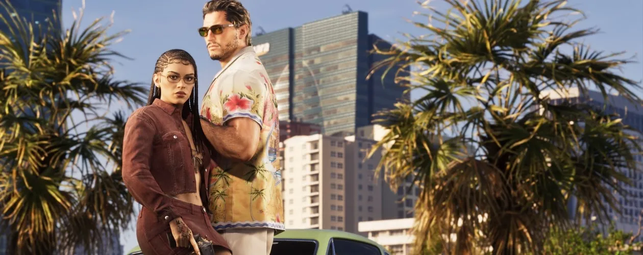 Jason and Lucia posing in exclusive Vice City outfits beside a car with palm trees and the Vice City skyline behind them, promotional art for the GTA 6 Ultimate Edition. Official Rockstar Games screenshot.