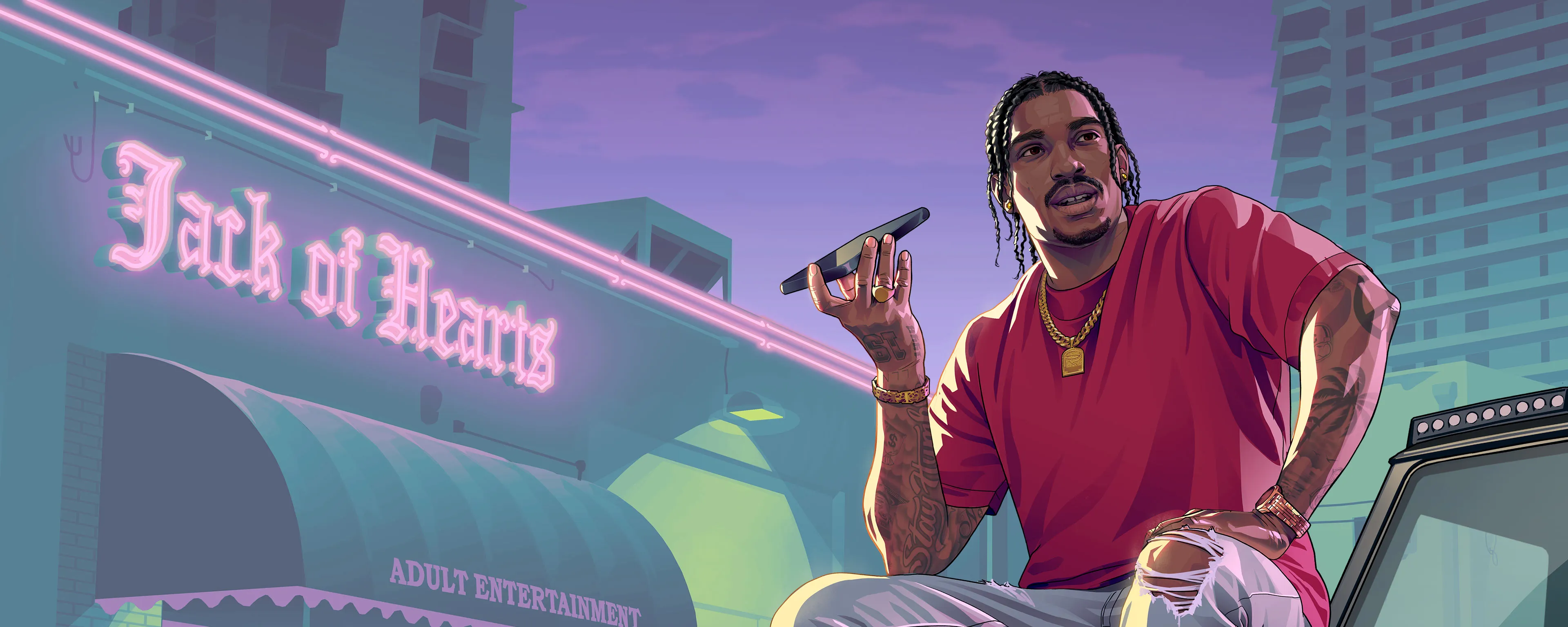 Stylized GTA 6 artwork of a Vice City character taking a phone call outside a neon-lit club. Official Rockstar Games artwork.
