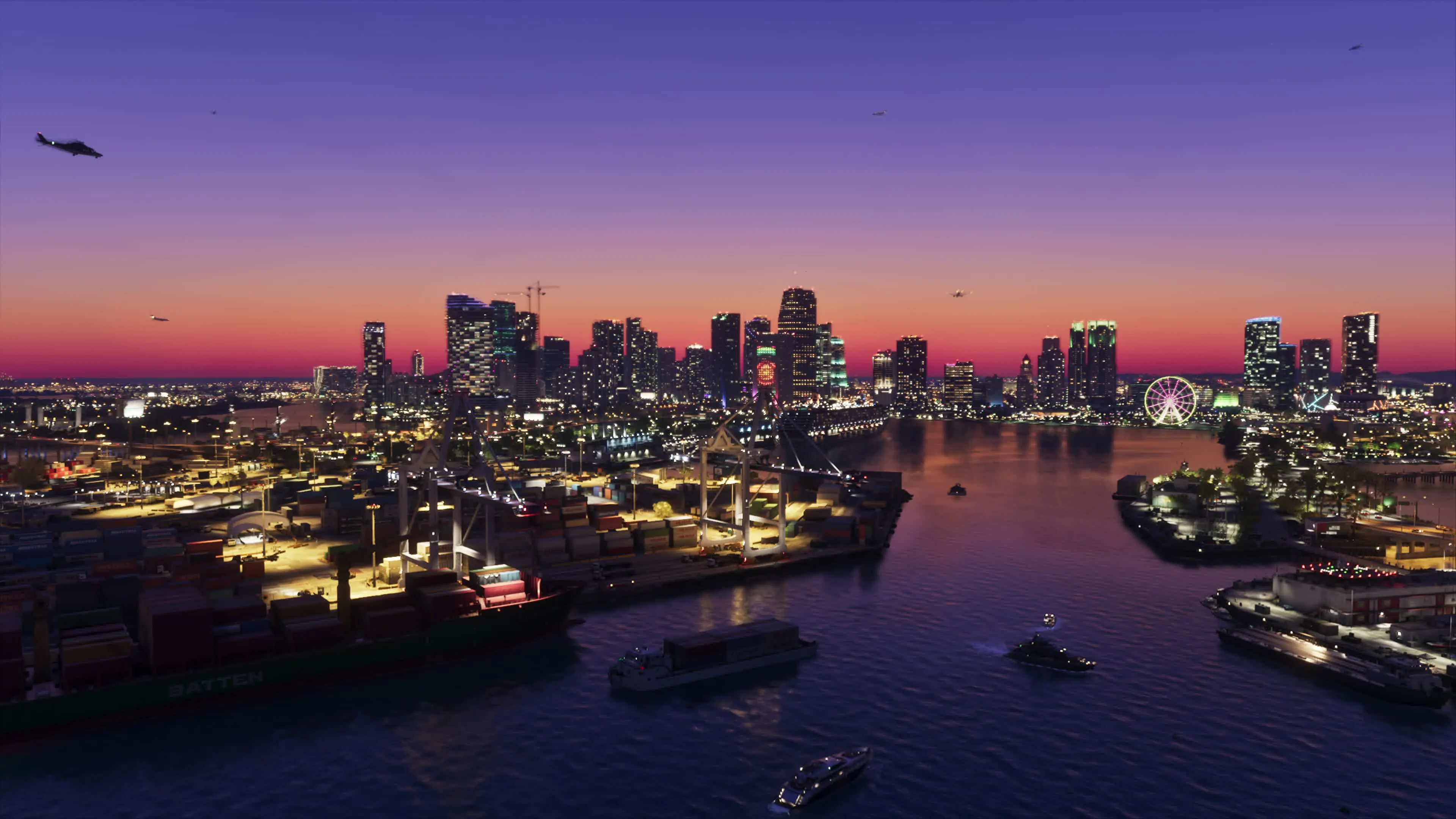 The Vice City skyline lit up at dusk across the water in GTA 6, with a container port in the foreground and a Ferris wheel on the far shoreline. Official Rockstar Games screenshot.