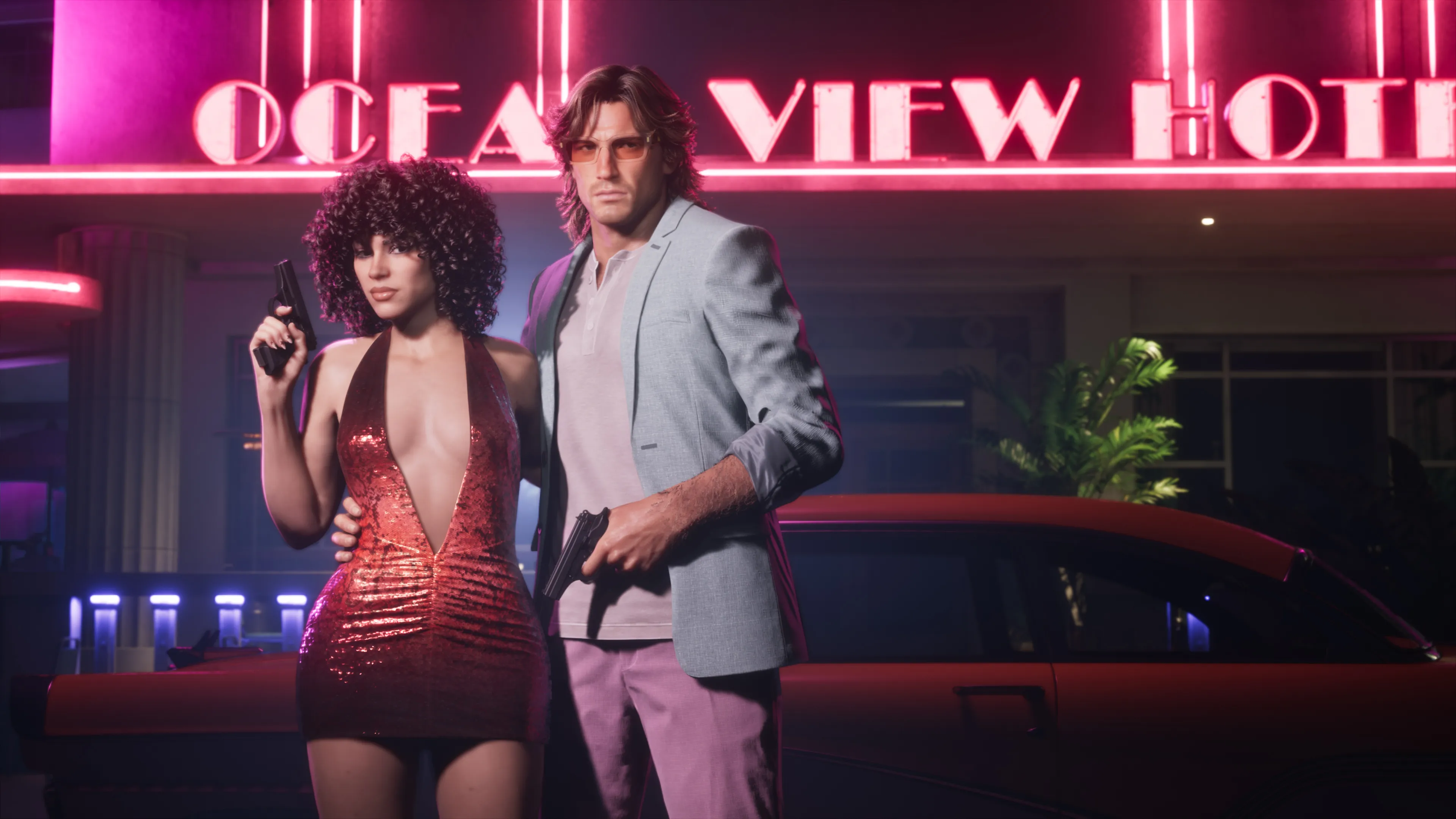 Lucia in a red sequin mini dress and curls and Jason in a pastel suit, both holding pistols under the pink neon Ocean View Hotel sign with a red sedan behind them, from the GTA 6 Vintage Vice City Pack. Official Rockstar Games artwork.