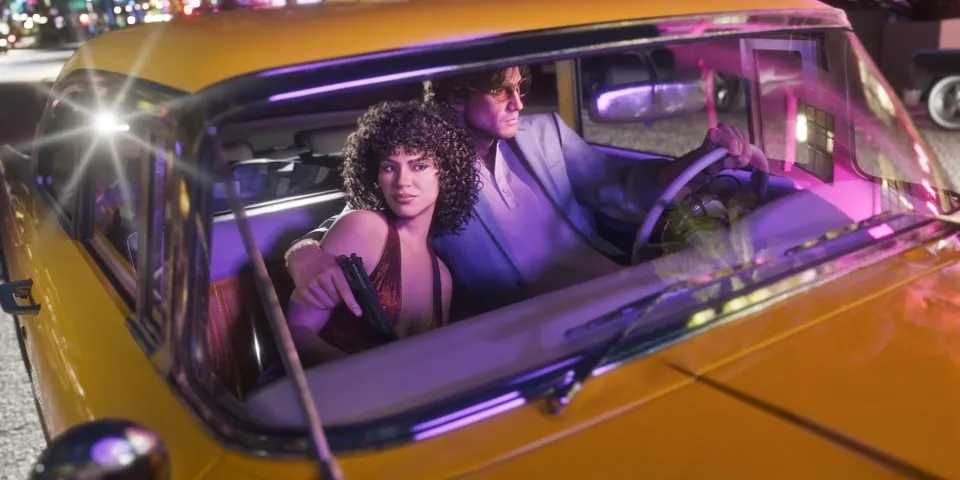 Lucia in a red sequin dress and Jason in a pastel linen suit driving the '55 Vapid Stanier through neon-lit Vice City at night, from the GTA 6 Vintage Vice City Pack. Official Rockstar Games screenshot.