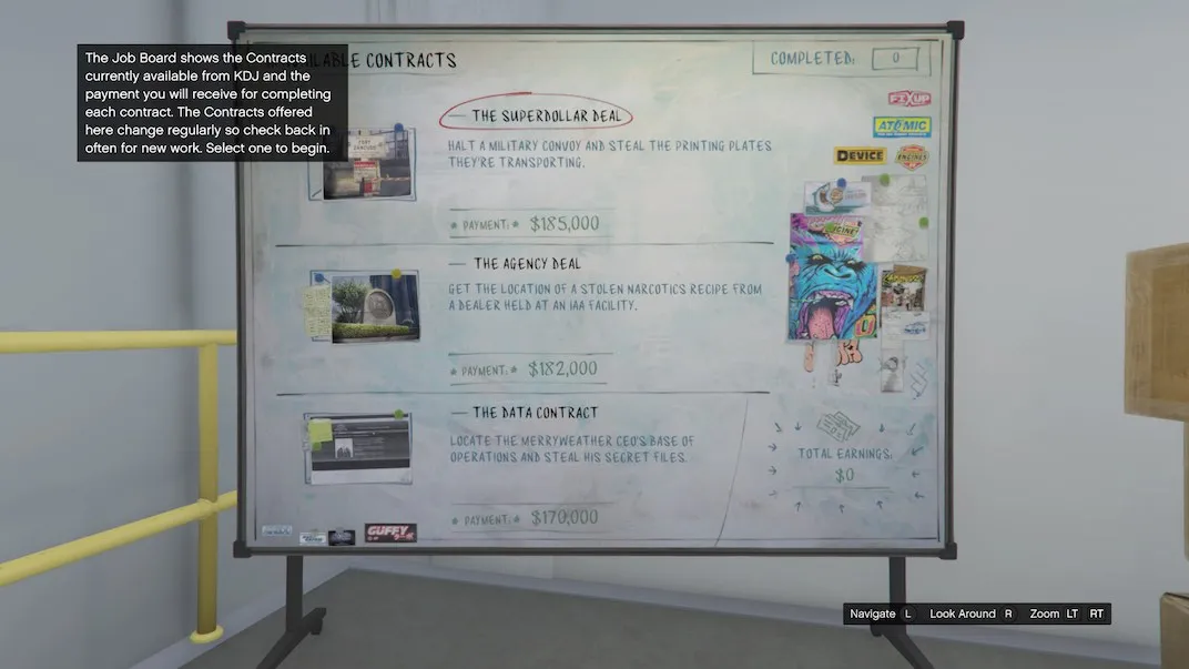 This is the white board that lists the available contact missions in the GTA Online Auto Shop.
