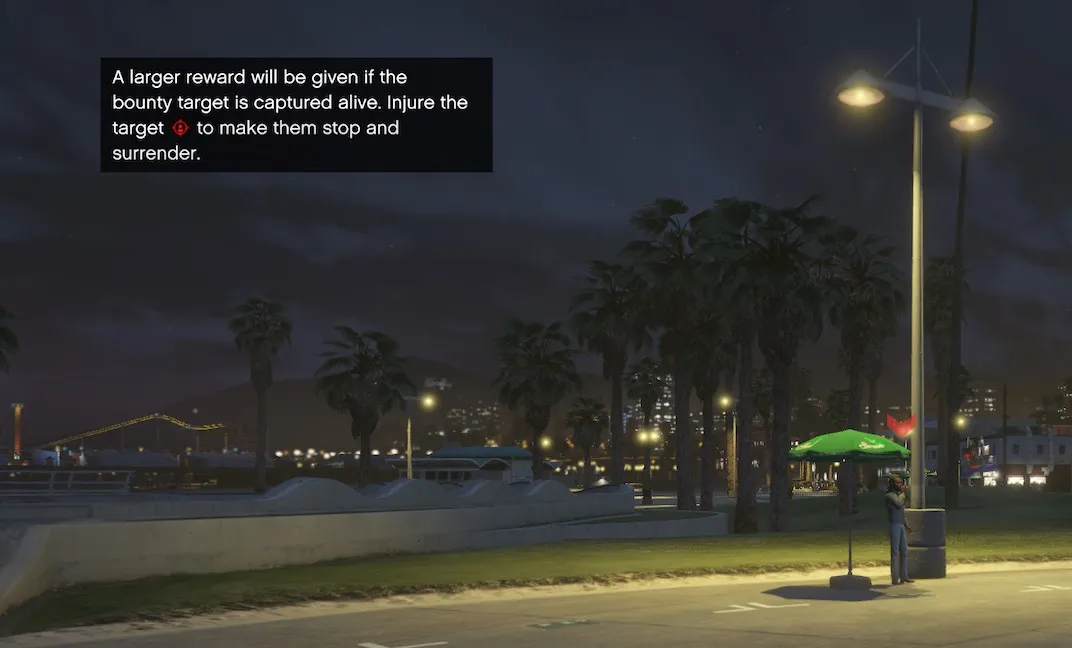 As you get closer to the bounty target you will hear bell sounds getting louder. You will know who the target is because they will have a red arrow above their head.