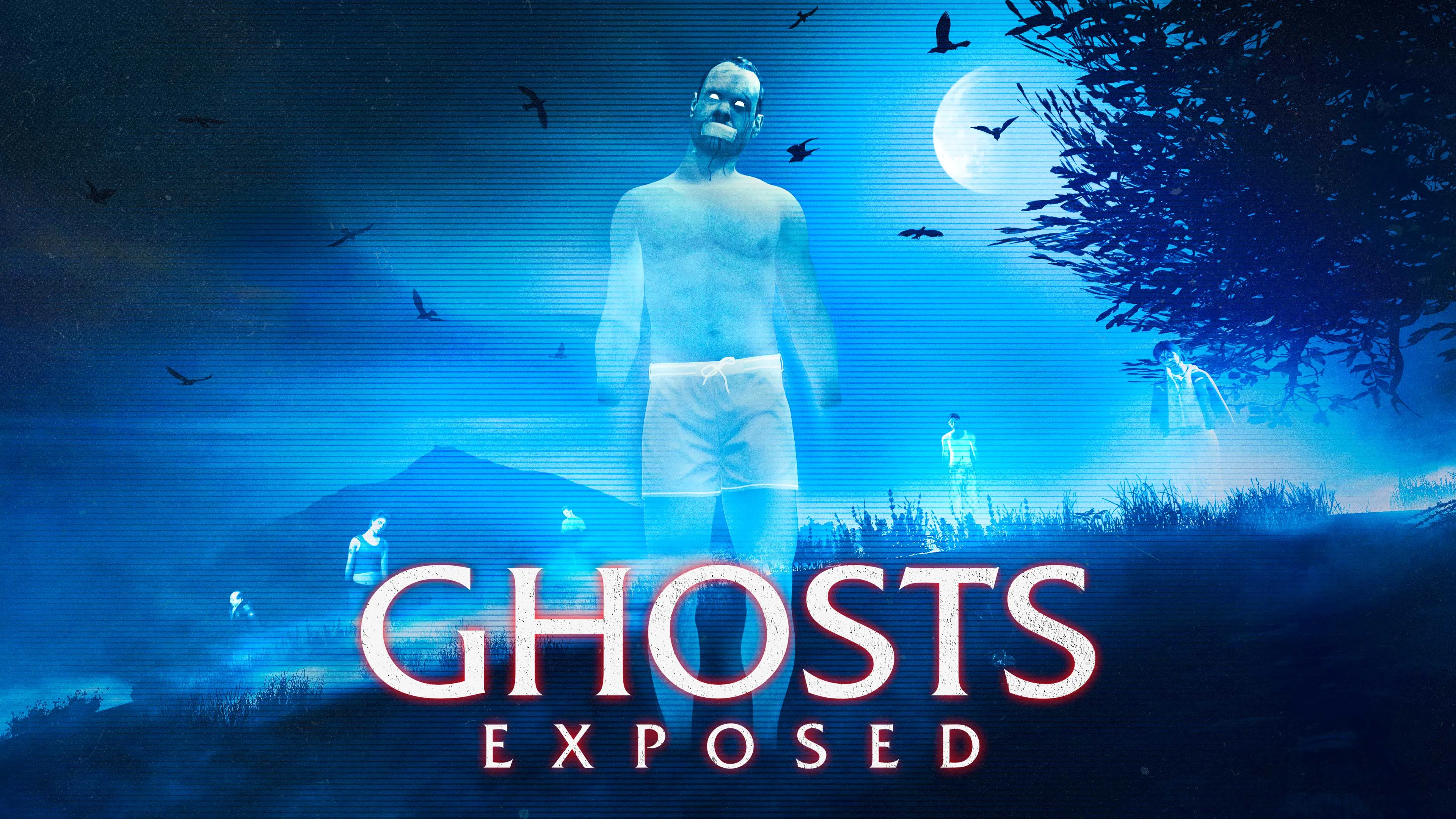 Glowing blue ghosts on a moonlit grassy hillside at night, led by a large shirtless ghost in white swim shorts with a gag over his mouth, under the title Ghosts Exposed. Rockstar Games artwork