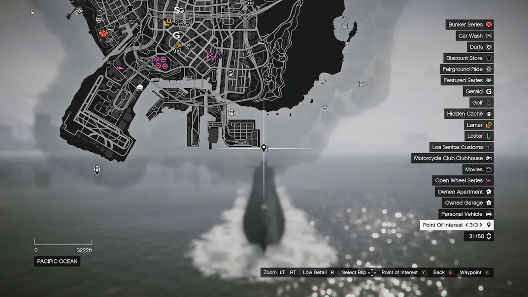 This is what the map looks like when using the Sonar Station on the Kosatka submarine to find the hidden caches.