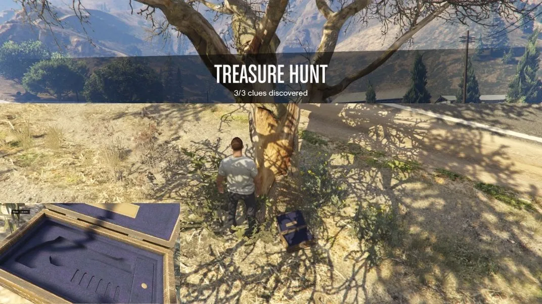 The third of three treasure hunt clues in GTA Online is found at the base of a tree, North of the lake.