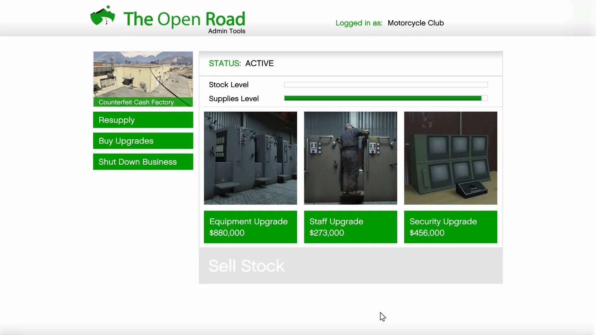 These are the three upgrade options in the Counterfeit Cash Factory Motorcycle Club business in Grand Theft Auto V Online.
