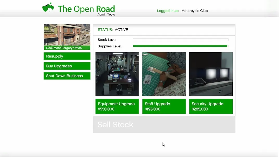 These are the three upgrade options for the Document Forgery Office Motorcycle Club business in Grand Theft Auto V Online.