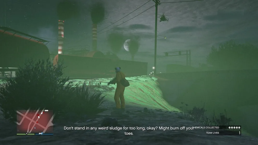The 6th and final part of First Dose in Grand Theft Auto V Online involves stealing chemicals from a train wreck.