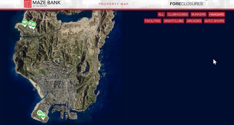 This is a map of the six hangar locations in GTA V Online.