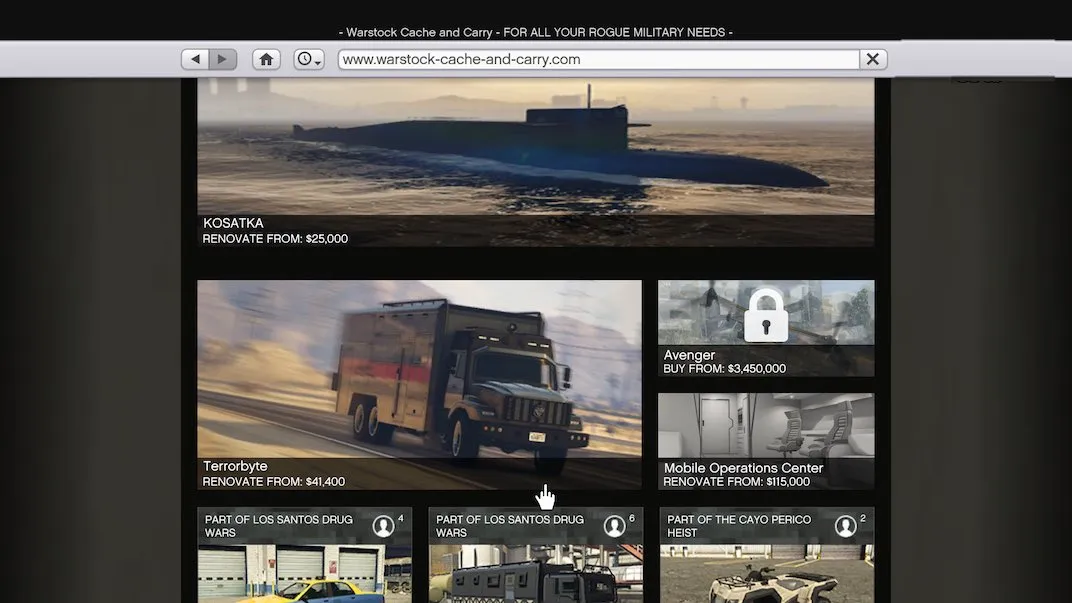The Benefactor Terrorbyte is purchaseable through Warstock Cache & Carry after the player owns a Nightclub in Grand Theft Auto V Online.
