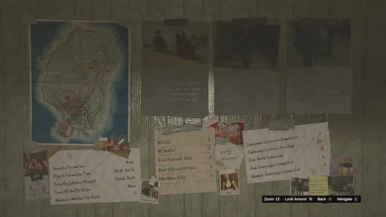 The contracts wall of the motorcycle clubhouse in Grand Theft Auto V Online.