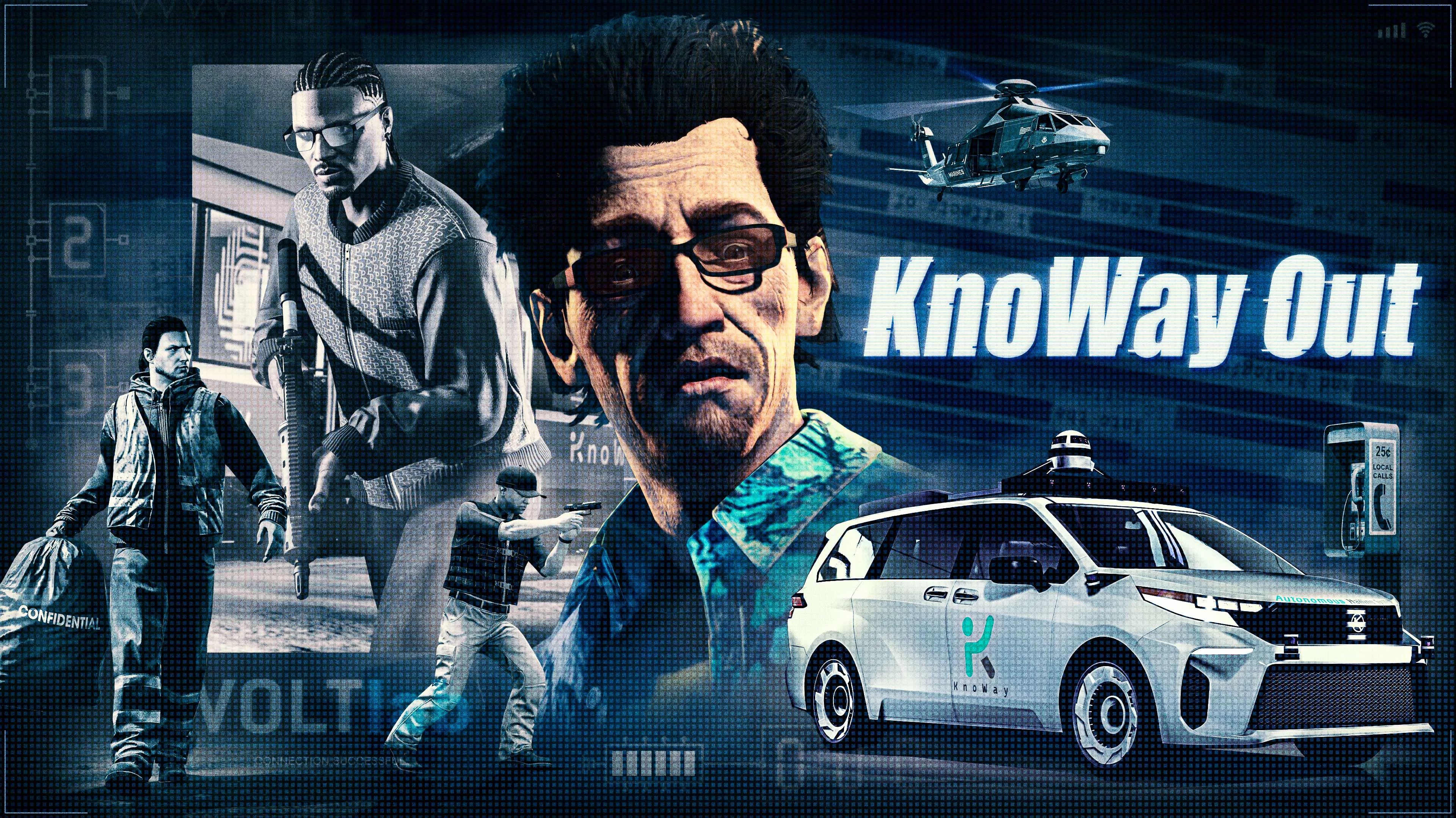 Avi Schwartzman beside a white KnoWay self-driving taxi with a roof sensor, a payphone, a helicopter and GTA Online characters (two armed, one carrying a confidential bag), under the "KnoWay Out" title. Official Rockstar Games artwork