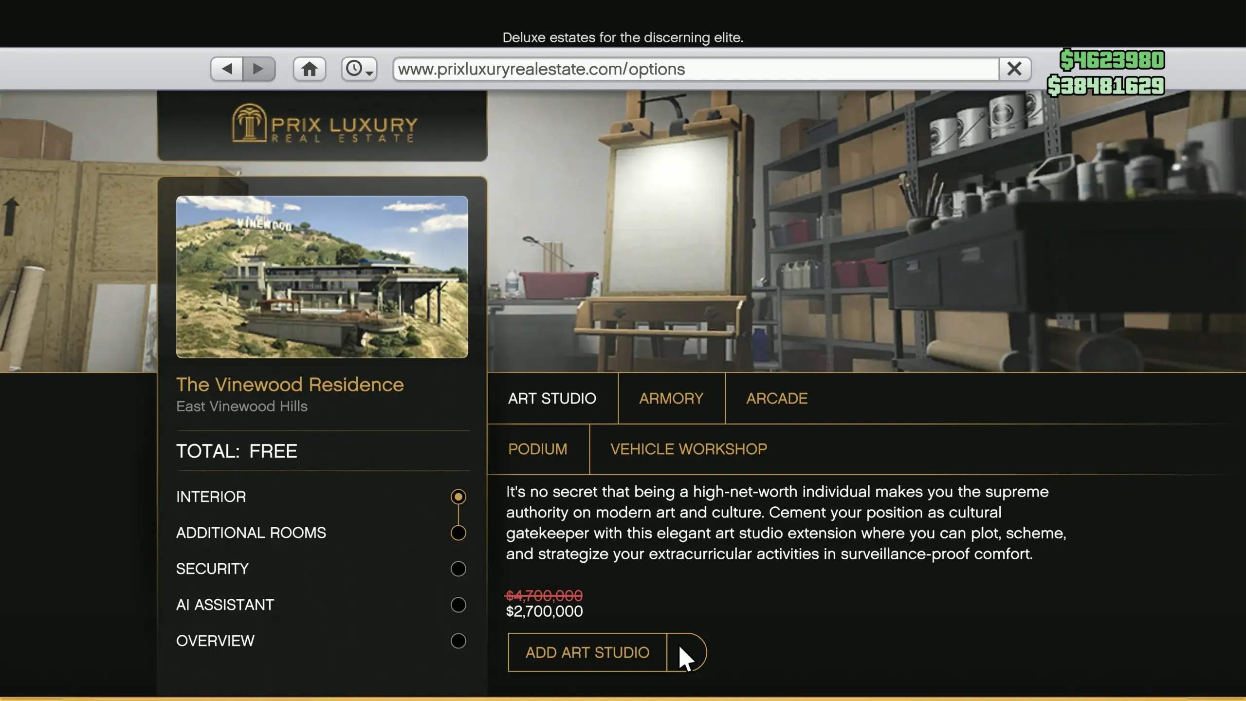 GTA Online Prix Luxury Real Estate screen: Art Studio selected for The Vinewood Residence, GTA$ 4,700,000 struck through, GTA$ 2,700,000 charged