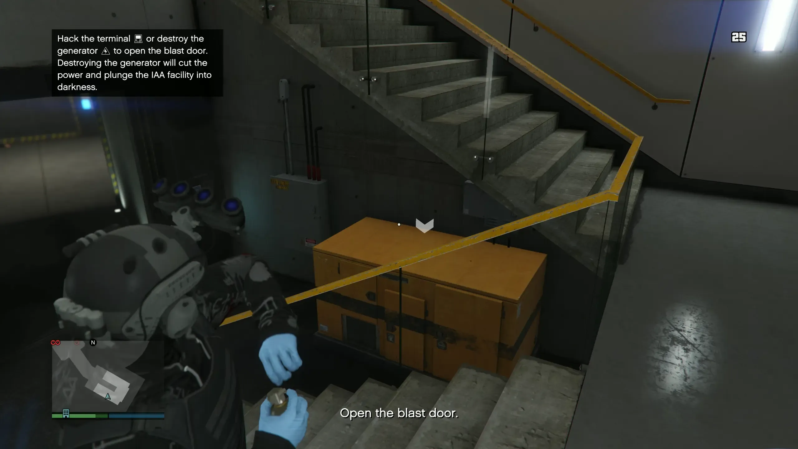 The player in night-vision goggles aiming at the power generator under a staircase, with the on-screen prompt to hack the terminal or destroy the generator to open the blast door