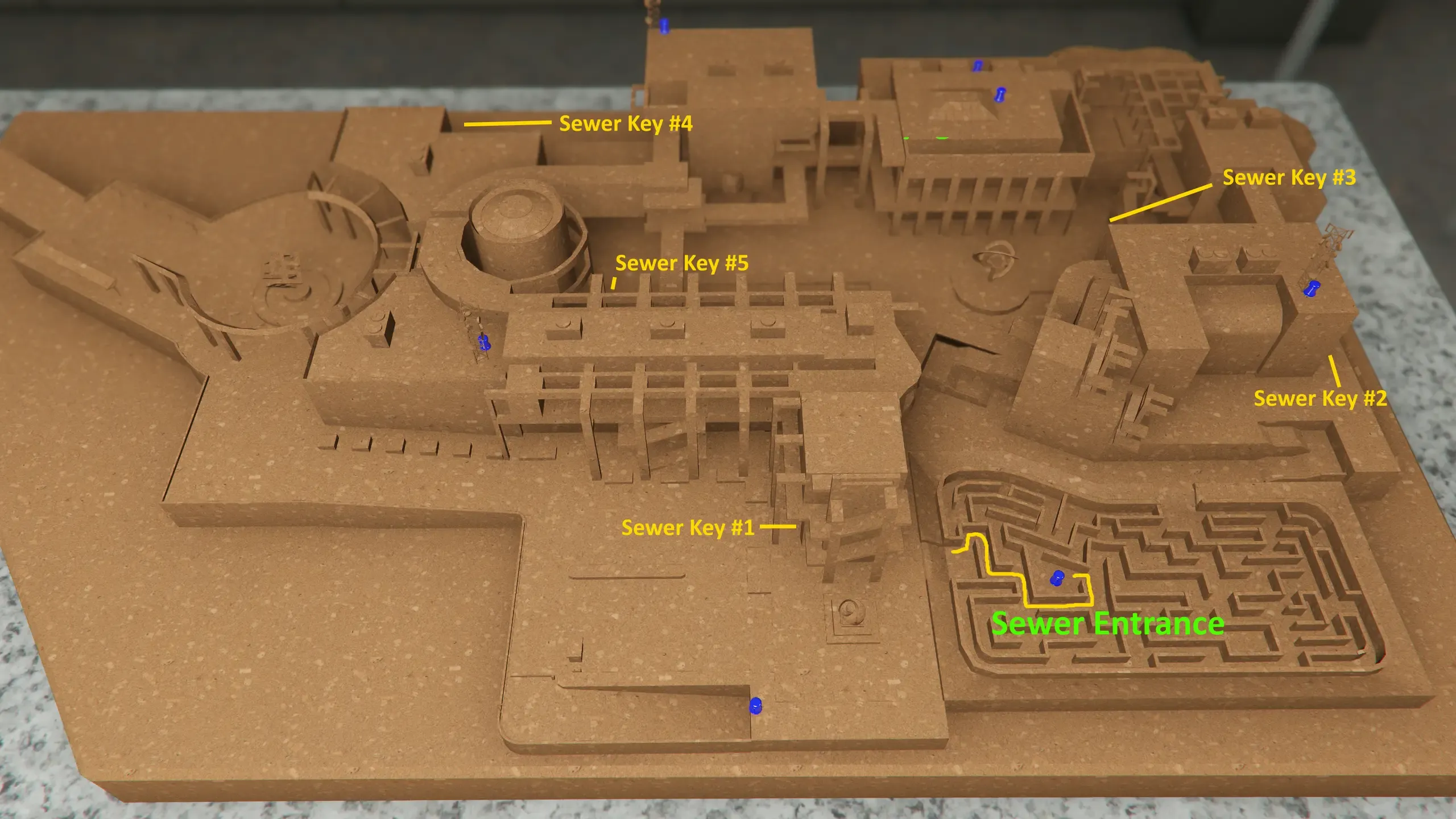 Annotated map of the Kortz Center marking the five ground-level sewer key spots and the route through the hedge maze to the sewer entrance