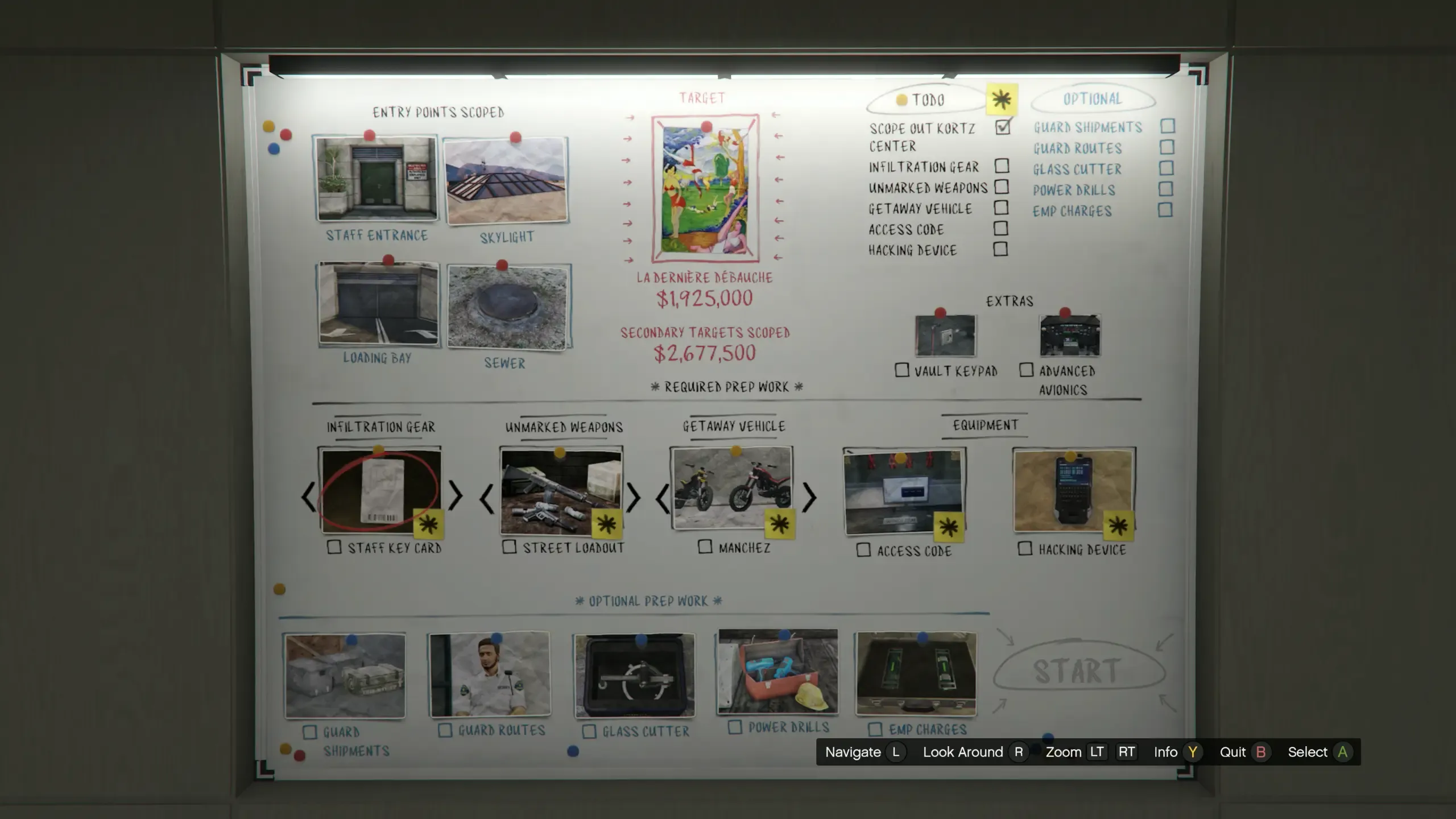 GTA Online Kortz Center Heist planning board with all four entry points scoped and five optional preps listed, a to-do list of the completed scope-out plus the five mandatory preps, and the red valuations for the primary target and the secondary targets scoped so far