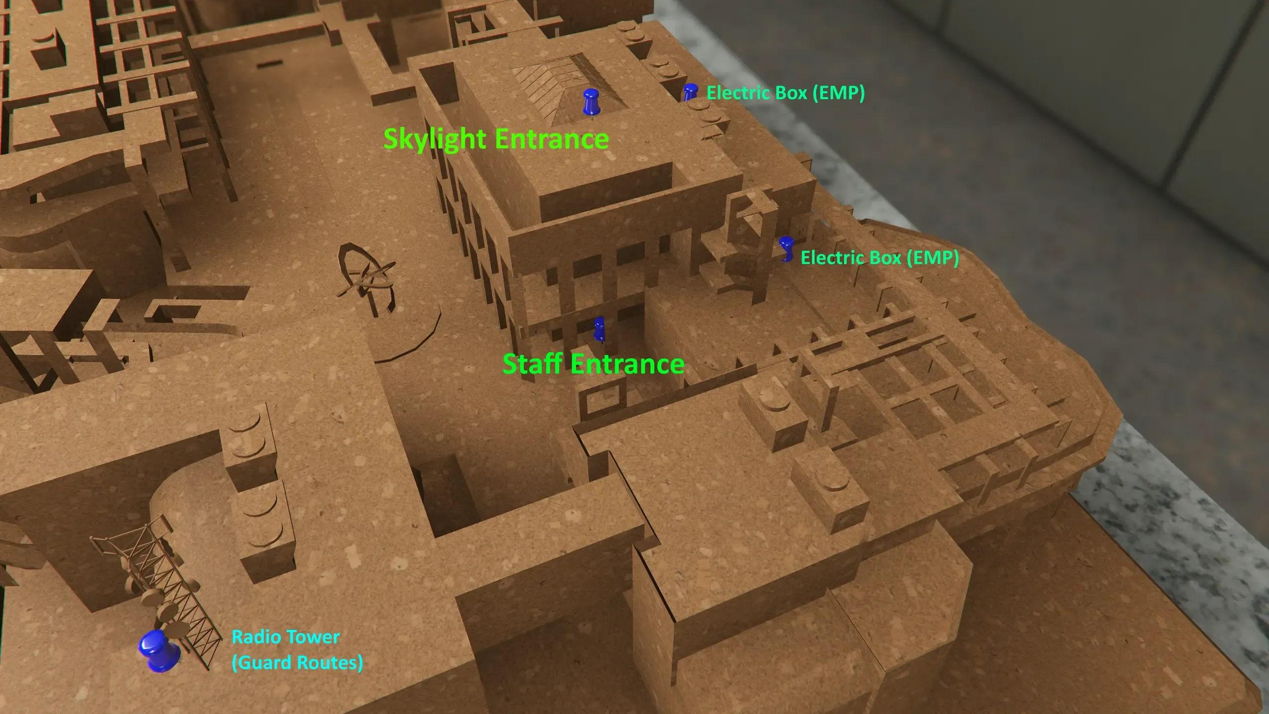 Closer annotated map of the north side of the Kortz Center showing the Skylight and Staff entrances, the EMP electrical boxes, and a Guard Routes radio tower