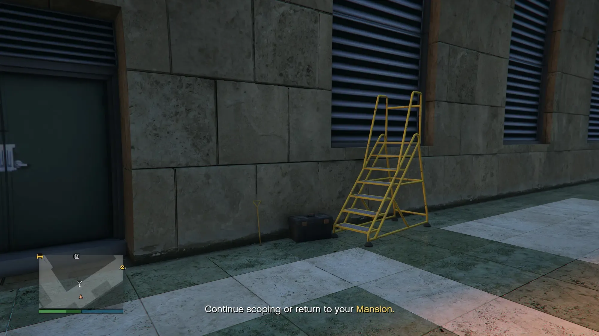 A sewer key spawn spot at the Kortz Center: a sawhorse workbench with tools, tucked under a staircase