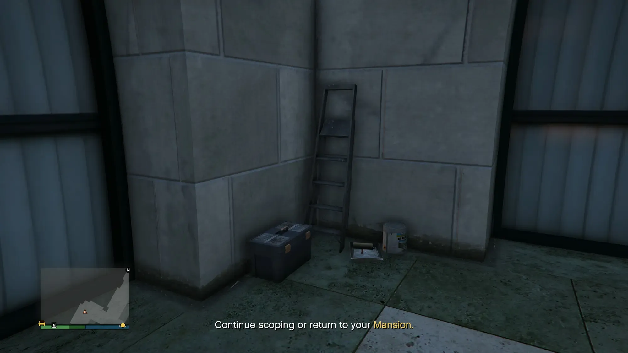 A sewer key spawn spot at the Kortz Center: a sawhorse workbench between a barricade and a step-ladder