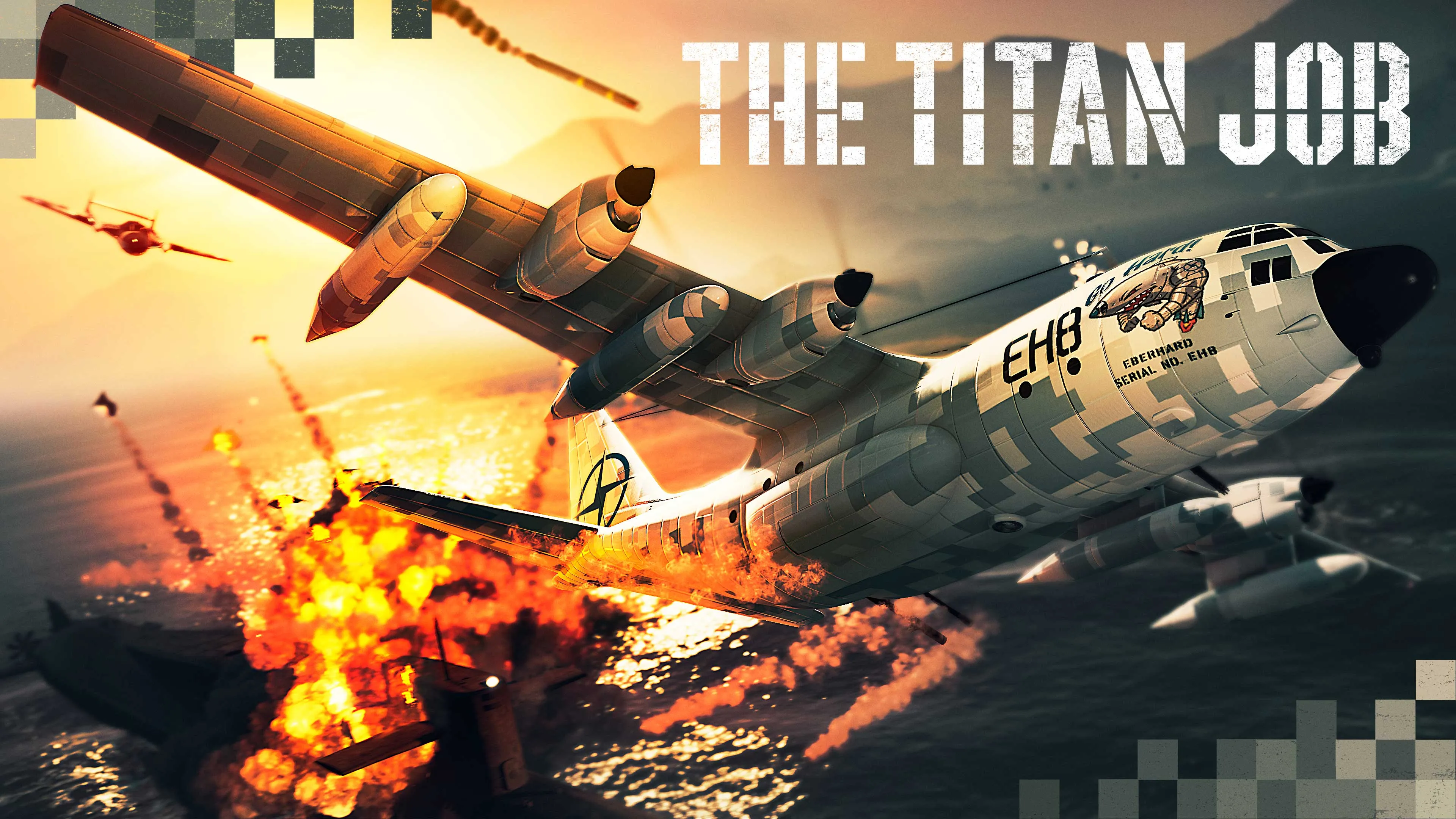 The white-camo Eberhard Titan 250 D gunship banking over the sea away from an exploding submarine, with a propeller fighter behind it, under The Titan Job title. Official Rockstar Games artwork.