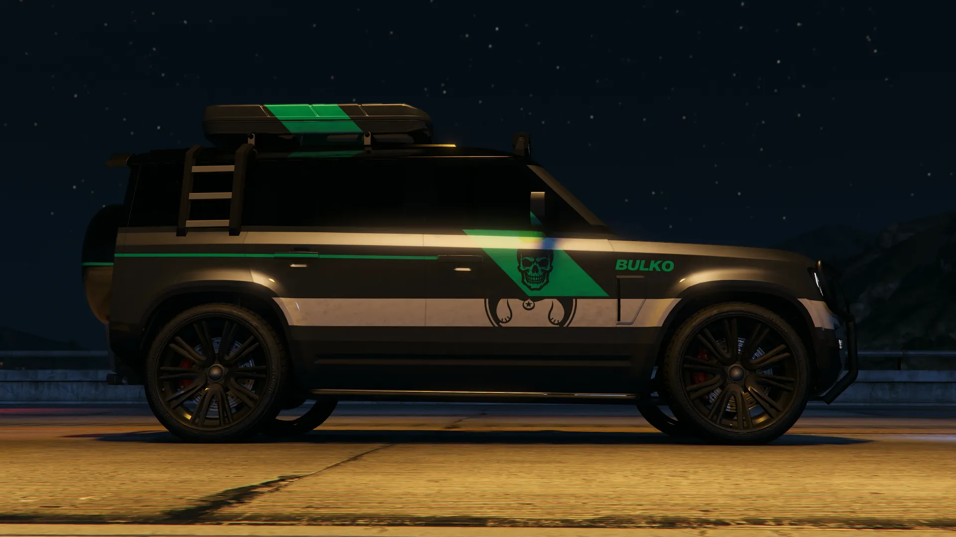 Gallivanter Warden side profile at night with a green Bulko livery and roof cargo box