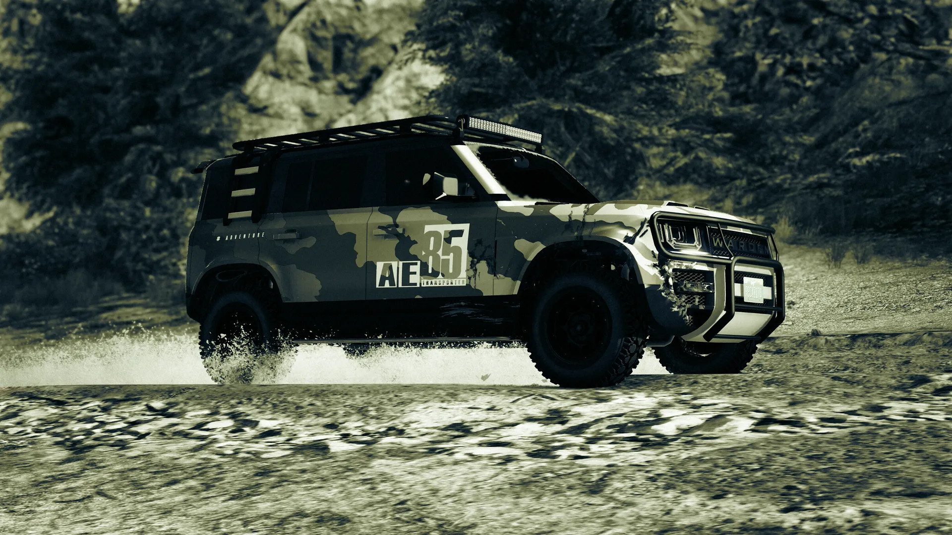 Gallivanter Warden in camouflage livery driving through shallow water below a rocky hillside