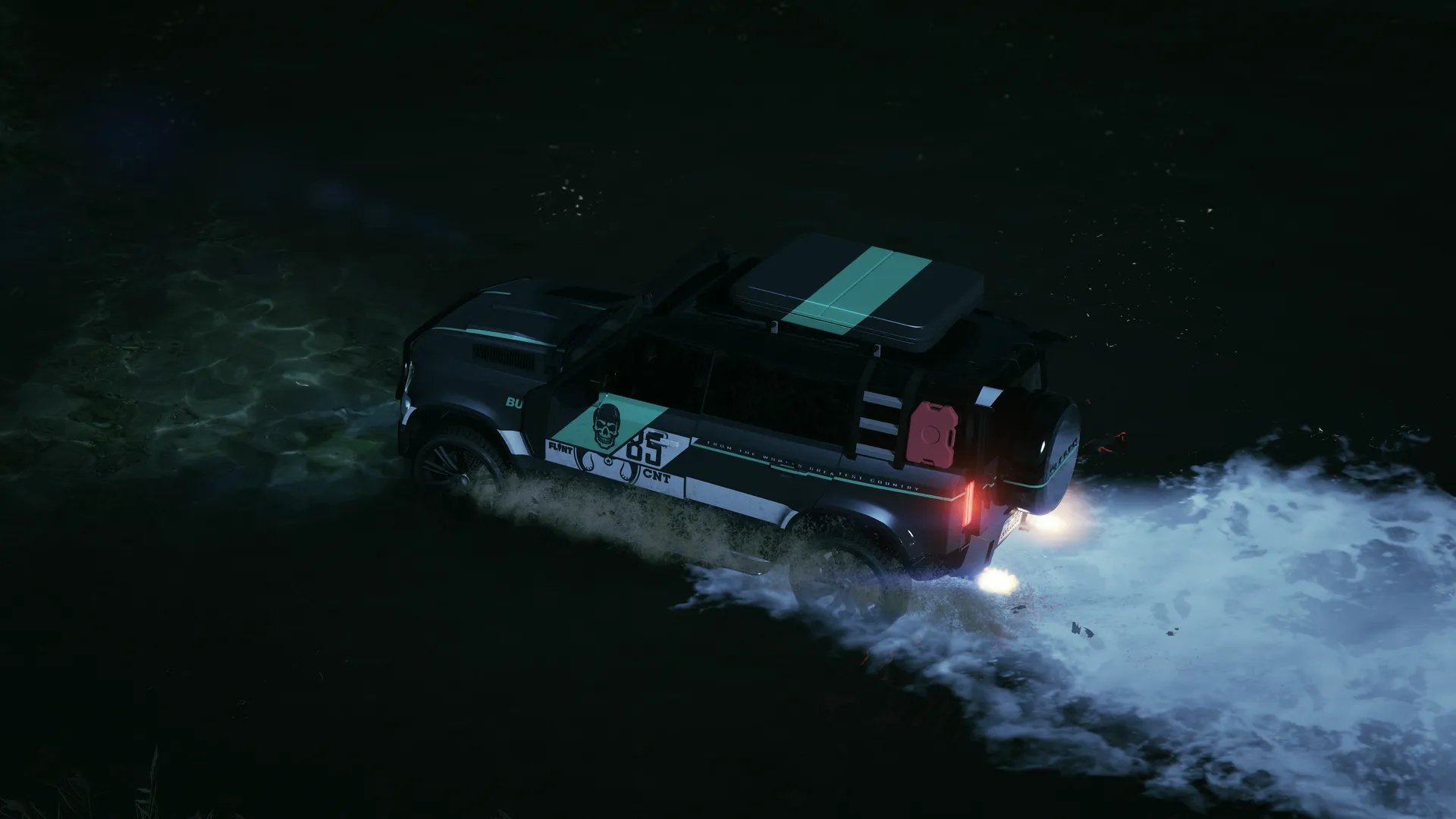 Gallivanter Warden fording a dark river at night, seen from above with headlights on